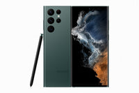 Samsung Galaxy S22 Ultra in Green, front and back with the S Pen beside the camera deck