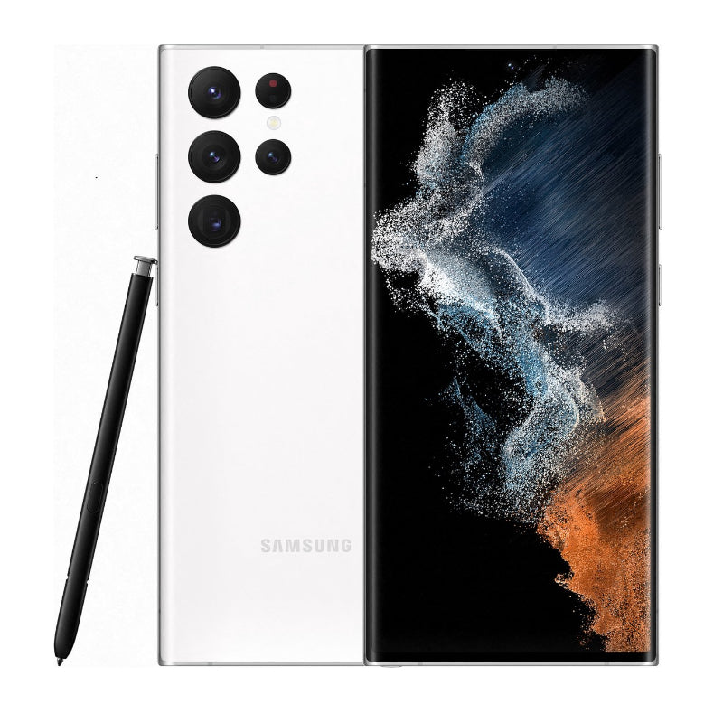 Samsung Galaxy S22 Ultra in Phantom White, official front and back with the S Pen beside the phone