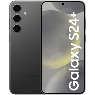 Samsung Galaxy S24+ smartphone in black color showing the front screen display and the rear camera setup.