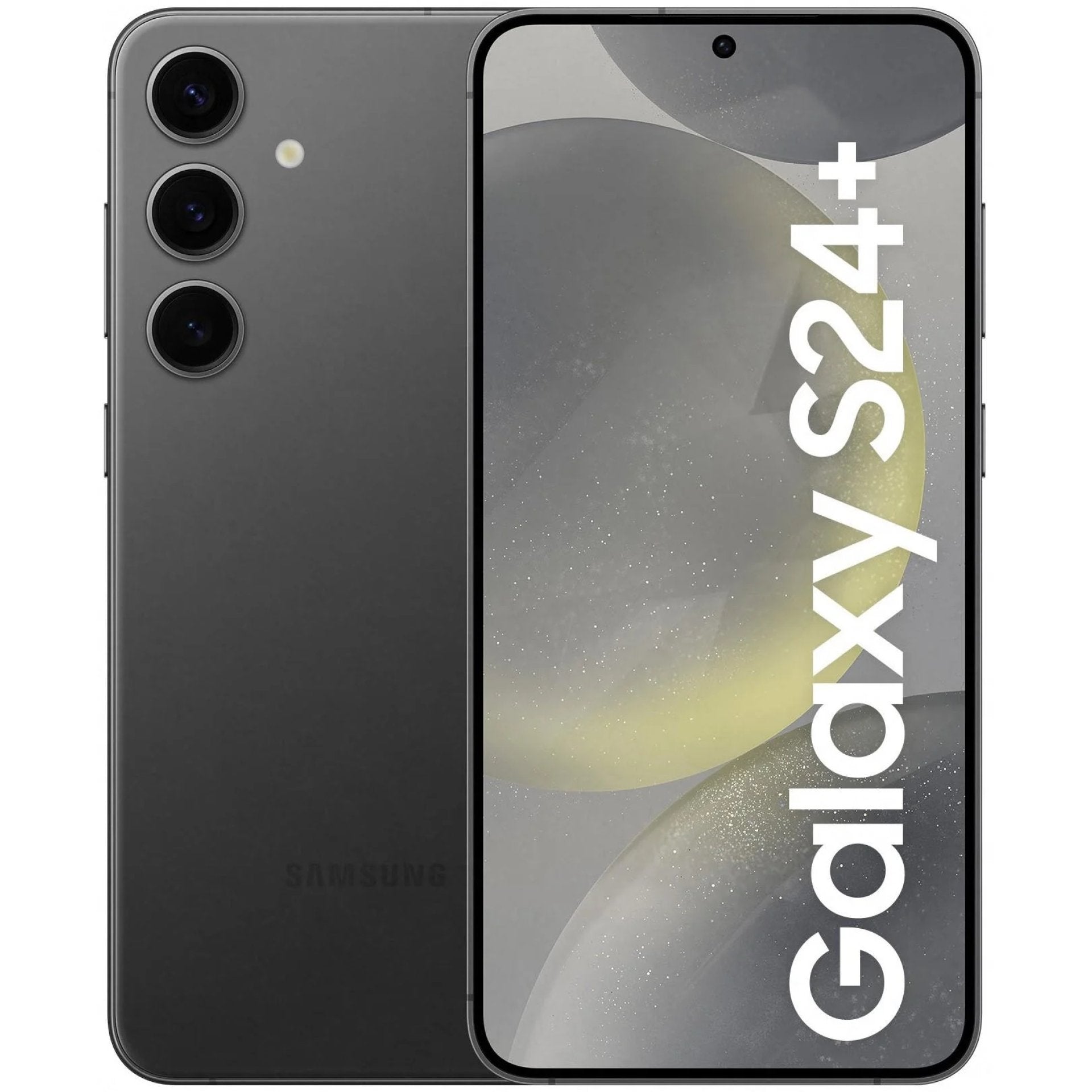 Samsung Galaxy S24+ smartphone in black color showing the front screen display and the rear camera setup.