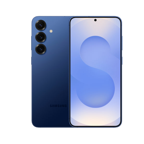 Samsung Galaxy S25+ smartphone in blue color showing the front screen display and rear camera setup.
