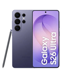 Samsung Galaxy S26 Ultra in Cobalt Violet front and back view with matching S Pen