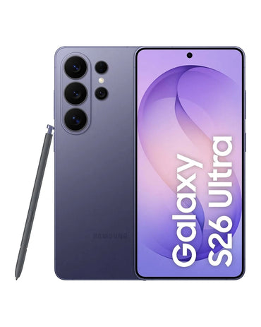 Samsung Galaxy S26 Ultra Cobalt Violet Titanium with S Pen stylus front and rear design