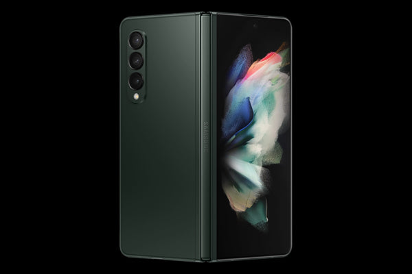 Samsung Galaxy Z Fold 3 foldable smartphone in green color, showing the front view with the main display unfolded.