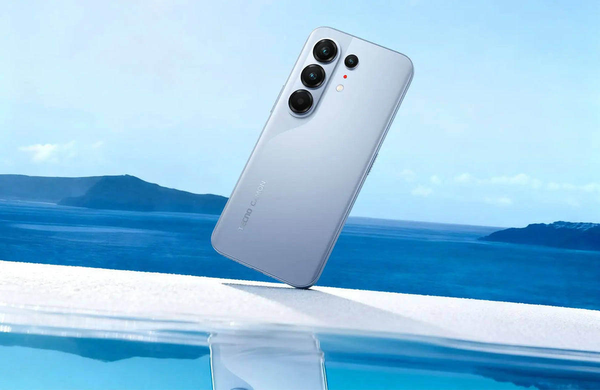 Tecno Camon 50 Pro in ethereal blue, back view above water