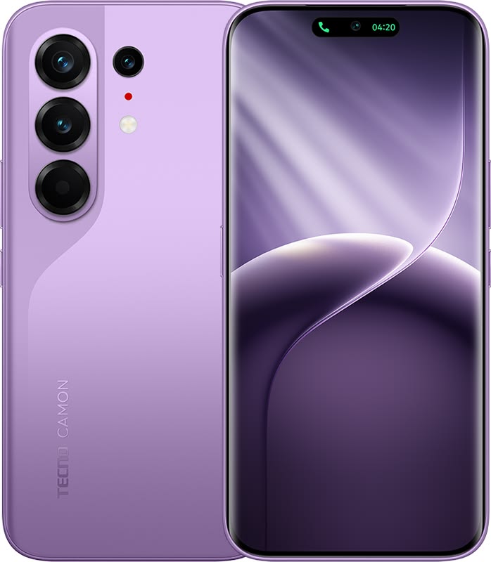 Tecno Camon 50 Pro in lavender mist, back and purple-tinted front screen
