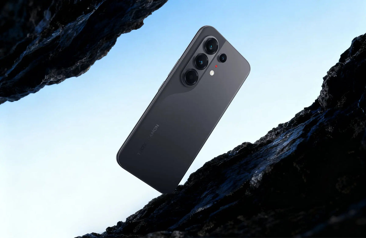 Tecno Camon 50 Pro in moonshadow black, back view on dark rock