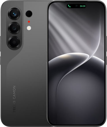 Tecno Camon 50 Pro in moonshadow black, back and front with the triple camera bar