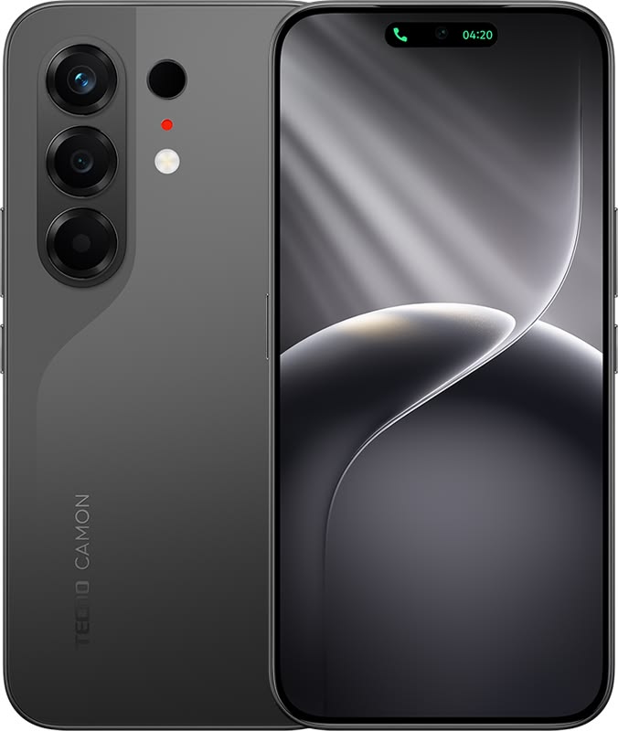 Tecno Camon 50 Pro in moonshadow black, back and front with the triple camera bar
