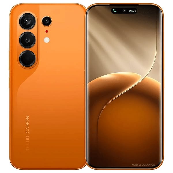 Tecno Camon 50 Pro in orange, back and front view