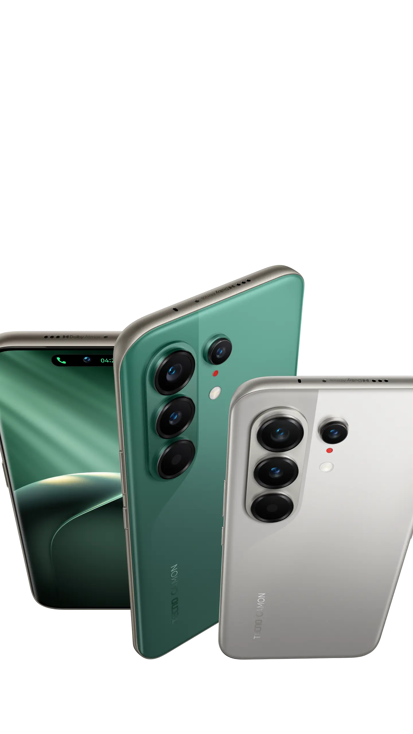 Tecno Camon 50 Ultra green and silver backs with the four-lens camera bar