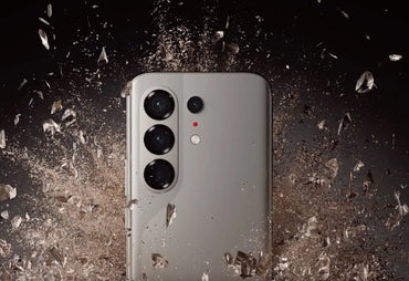 Tecno Camon 50 Ultra silver back with shattered glass around the camera island