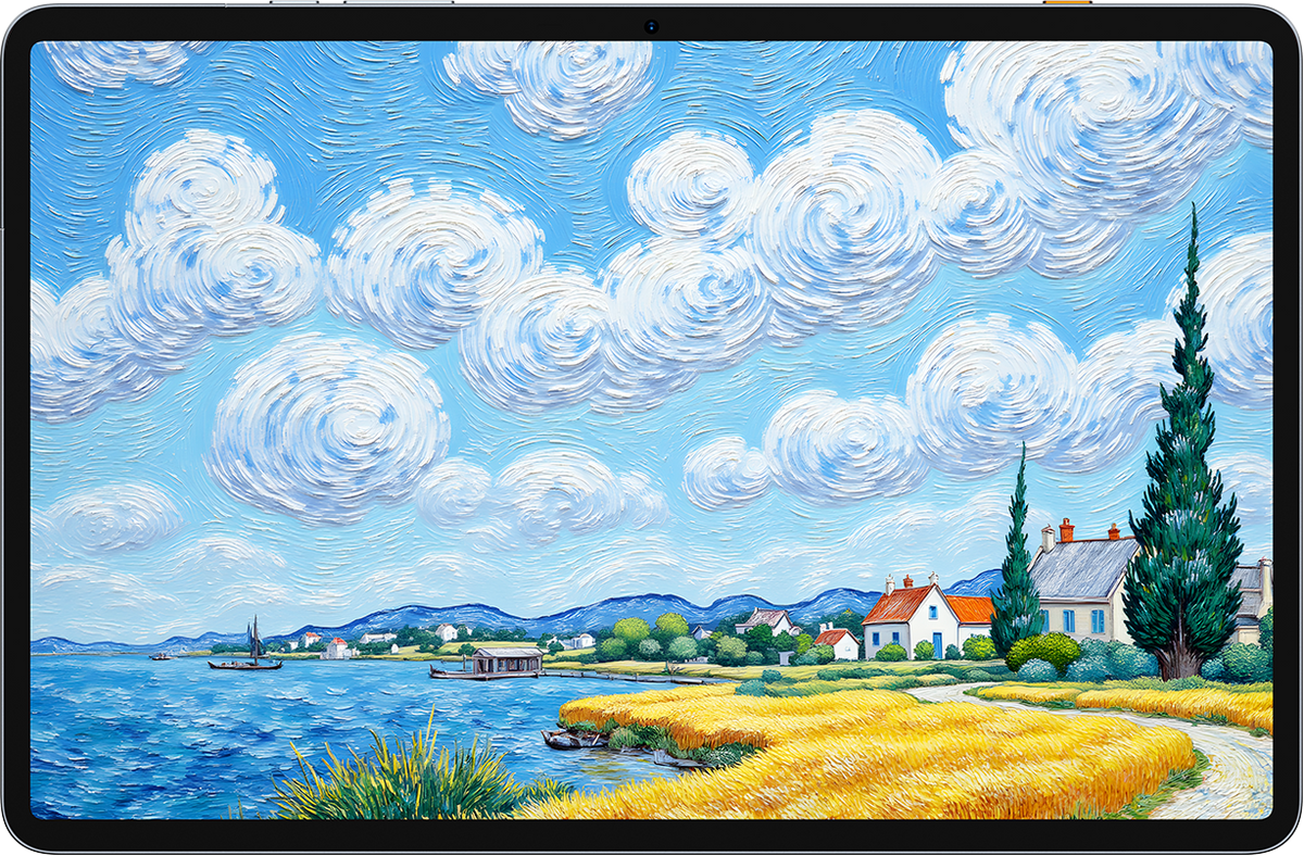Tecno MegaPad SE 11-inch IPS display close-up showing a landscape wallpaper edge to edge