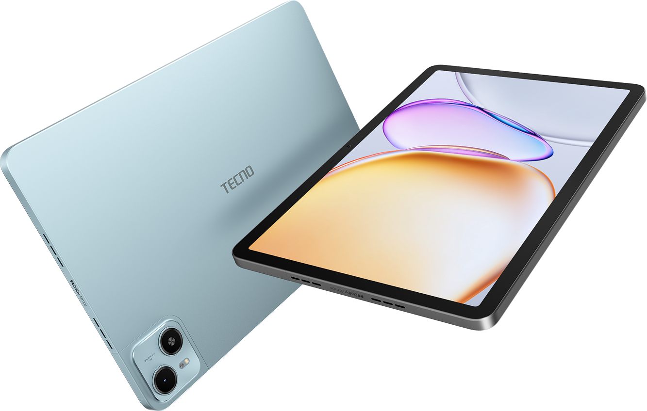 Tecno MegaPad SE in Glacier Blue, official back with the dual-look camera and the 11-inch front
