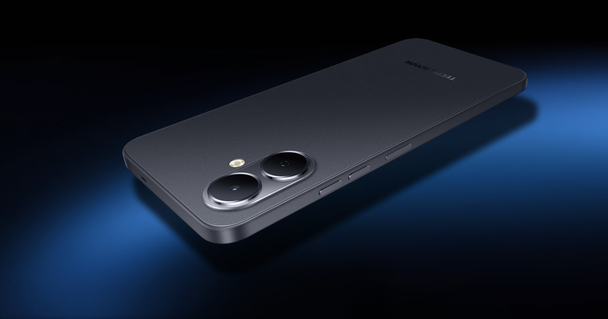 Tecno Pop 10 in ink black, angled back view of the 13MP camera module