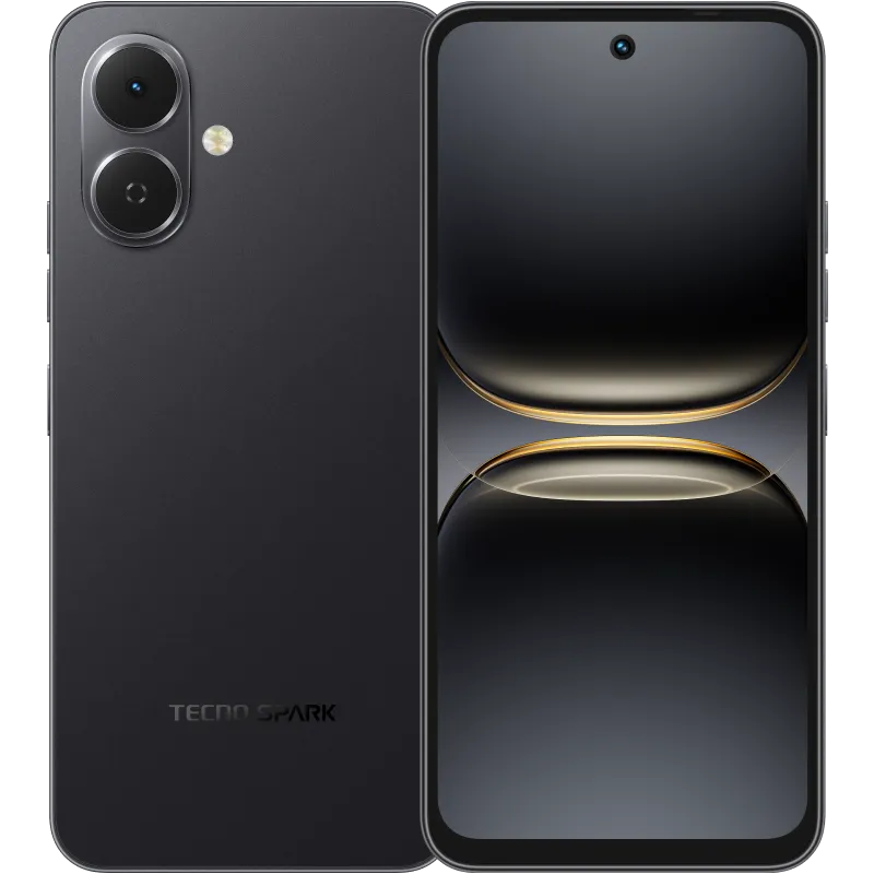 Tecno Pop 10 in ink black, back and front view with the dual camera module