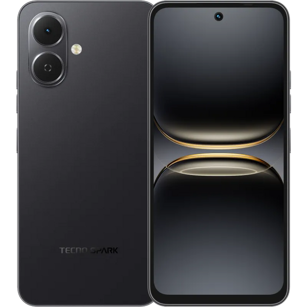 Tecno Pop 10 in ink black, back and front view with the dual camera module