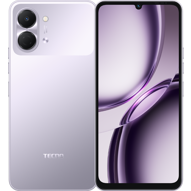 Tecno Pop 20 in aurora purple, back and purple-tinted front screen