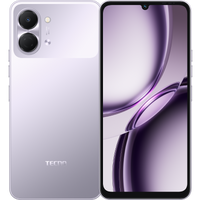 Tecno Pop 20 in aurora purple, back and purple-tinted front screen