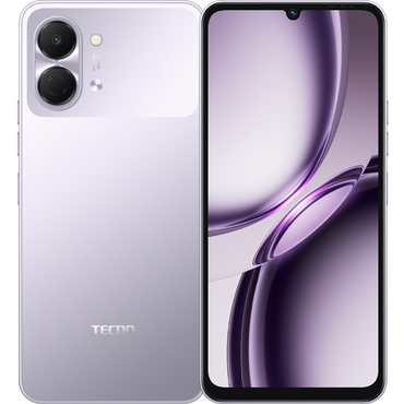 Tecno Pop 20 in aurora purple, back and purple-tinted front screen