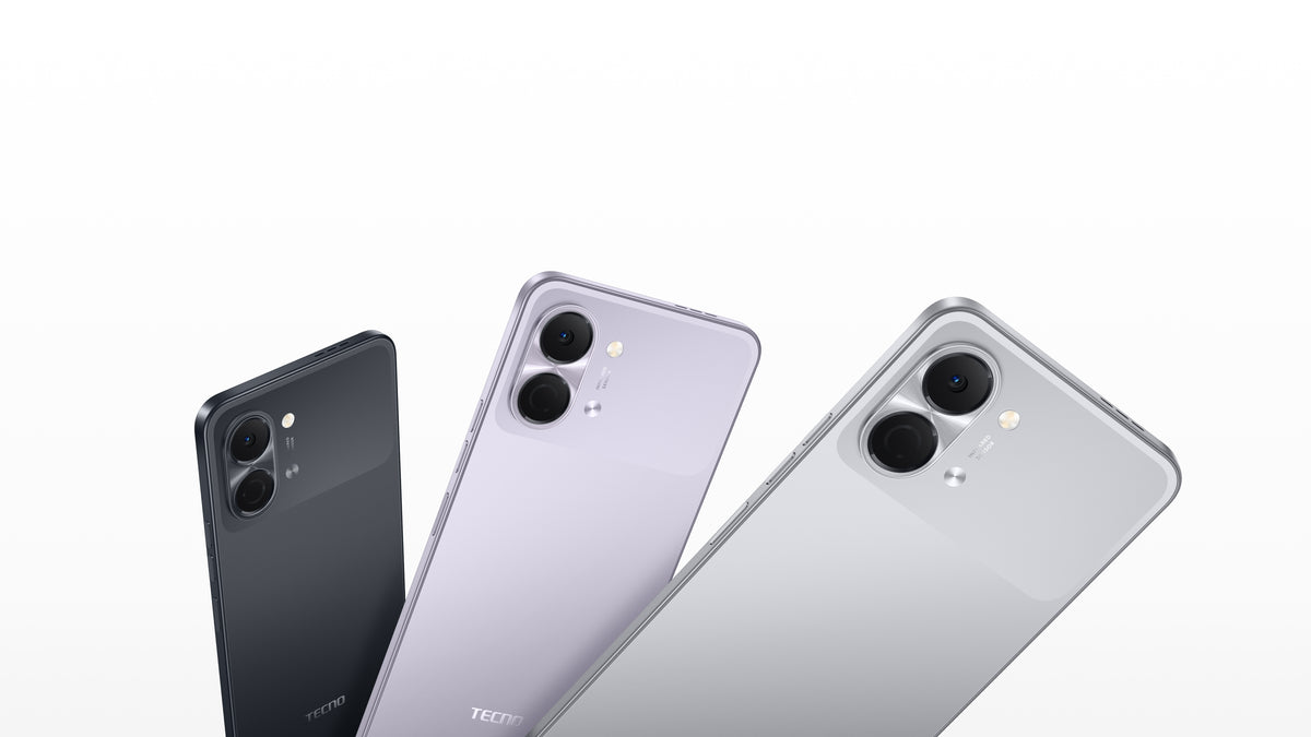 Tecno Pop 20 backs in ink black, aurora purple, and titanium grey
