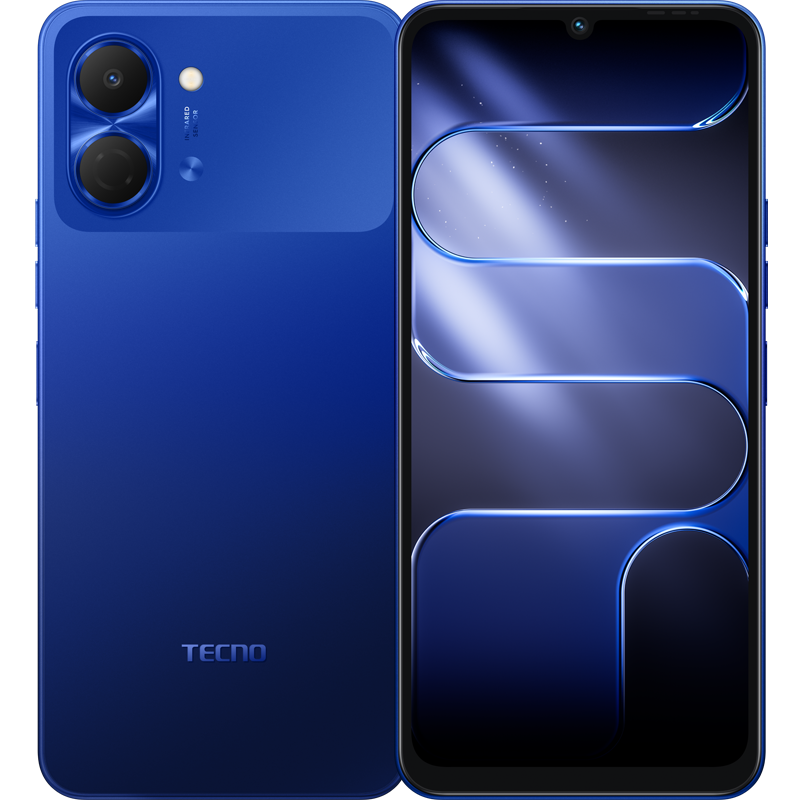 Tecno Pop 20 in galaxy blue, back and front view
