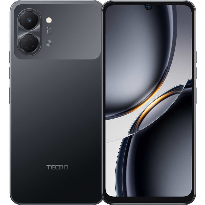 Tecno Pop 20 in ink black, back and front with the teardrop 6.75-inch screen