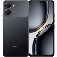 Tecno Pop 20 in ink black, back and front with the teardrop 6.75-inch screen