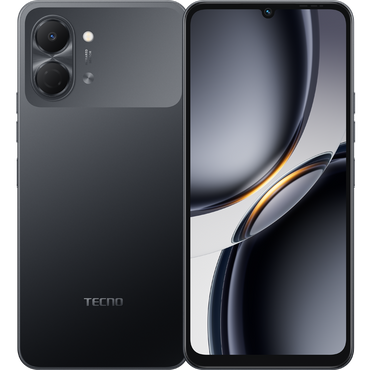 Tecno Pop 20 in ink black, back and front with the teardrop 6.75-inch screen
