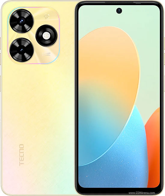 TECNO Pop 8 smartphone shown from the front and back, featuring a dual camera system on the back.