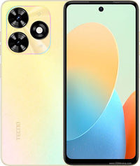 TECNO Pop 8 smartphone shown from the front and back, featuring a dual camera system on the back.