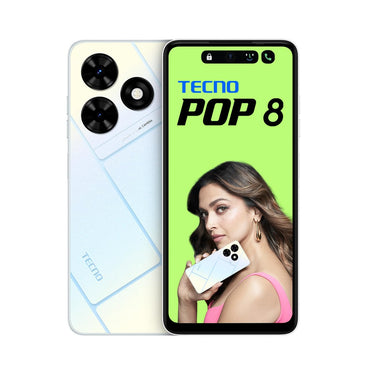 TECNO Pop 8 smartphone shown from the front and back, featuring a dual camera system on the back with the brand name displayed on the screen.