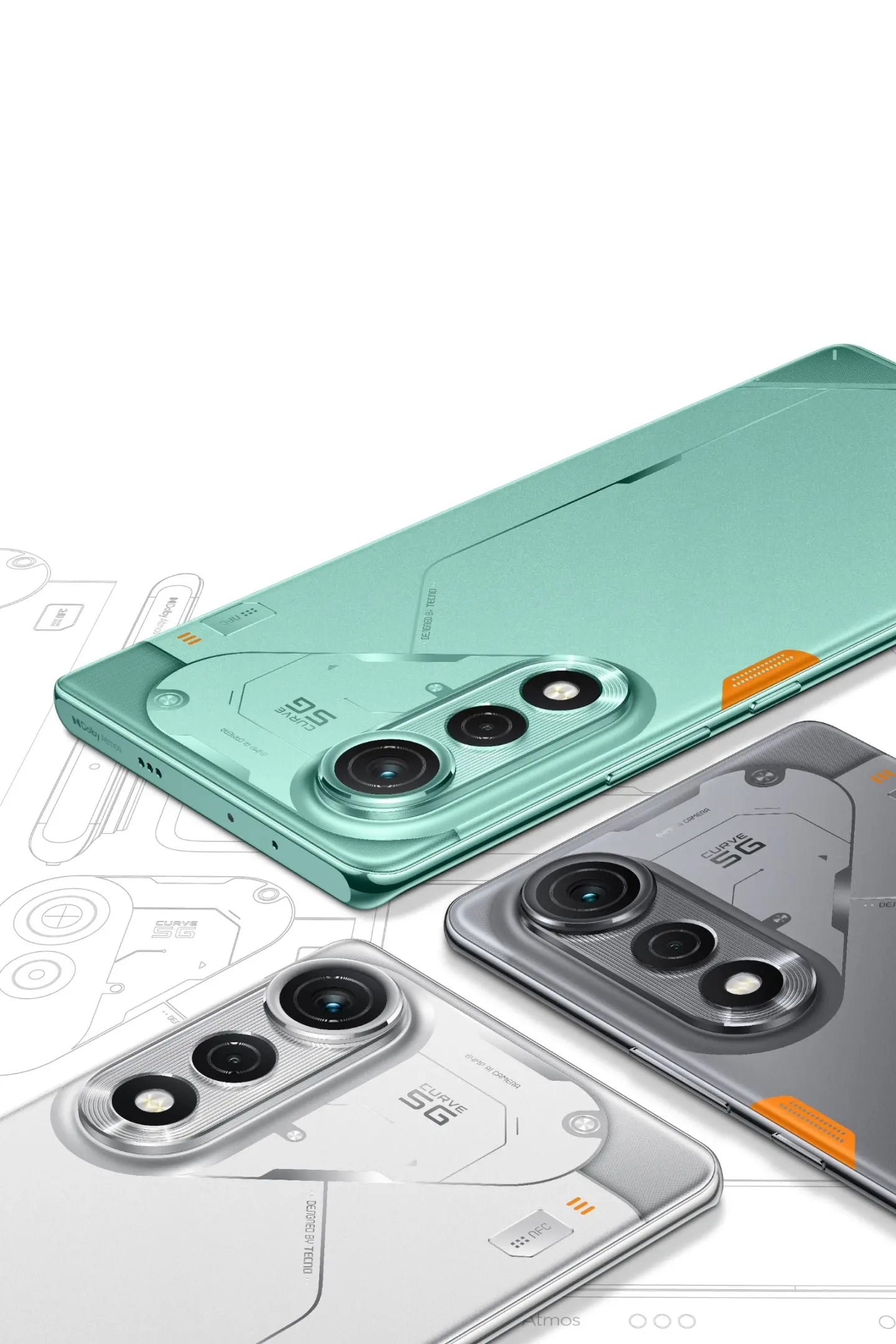 Tecno Pova Curve 5G in neon cyan, silver, and black with the triangle camera deck