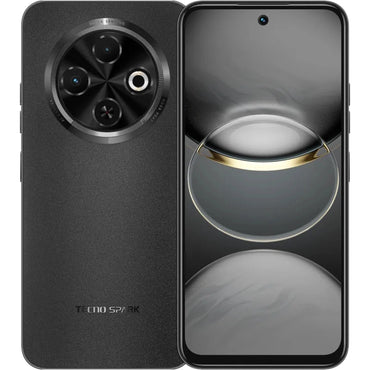 A TECNO Spark 30 smartphone showing the rear camera array and the TECNO logo on the back in black color, alongside a visual representation of the 6.78 inch display.