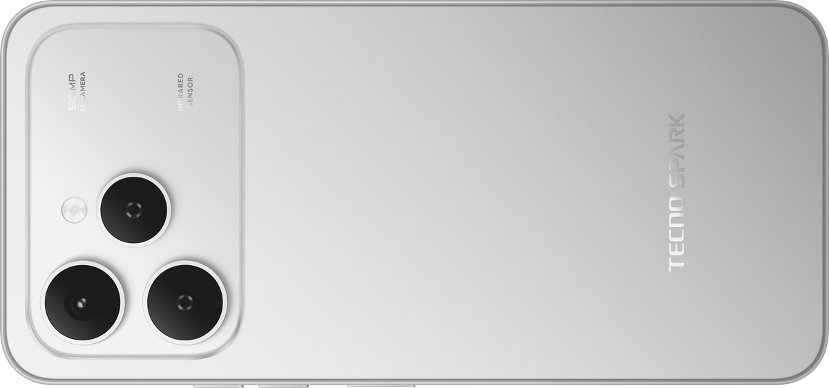 Tecno Spark 40 in Titanium Grey, close-up of the 50MP camera island and TECNO SPARK logo