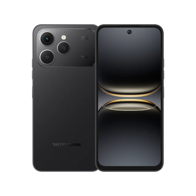 Tecno Spark 40 in Ink Black, back and front with a dark wallpaper