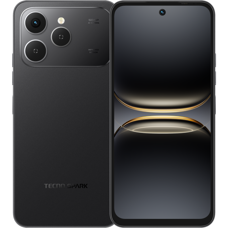 Tecno Spark 40 in Ink Black, back and front with the 50MP camera island