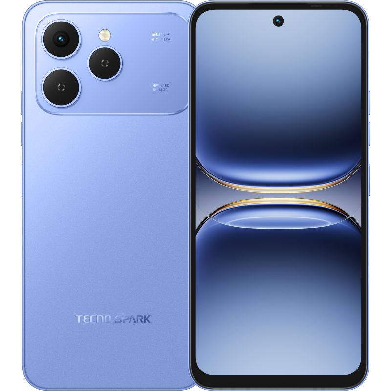Tecno Spark 40 in Mirage Blue, back and front with a blue gradient wallpaper