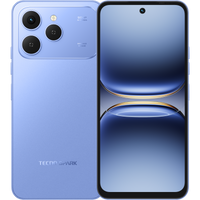 Tecno Spark 40 in Mirage Blue, back and front with a blue gradient wallpaper