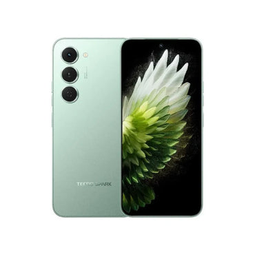 Tecno Spark 40 Pro in bamboo green, back and front with a flower wallpaper on the AMOLED screen
