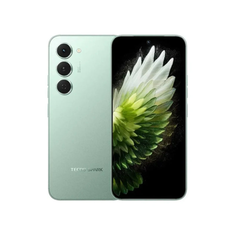 Tecno Spark 40 Pro in bamboo green, back and front with a flower wallpaper on the AMOLED screen