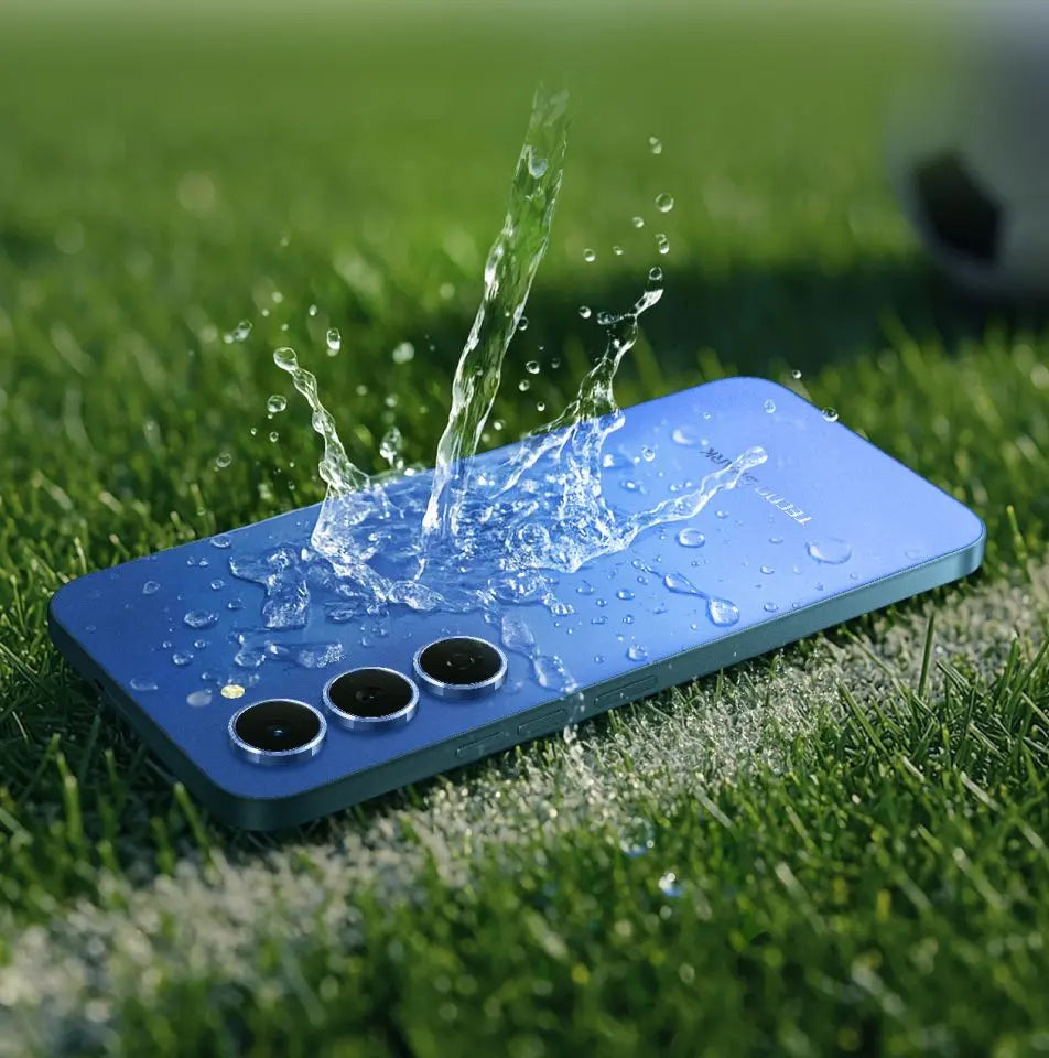 Tecno Spark 40 Pro in lake blue on grass with water splashing on the back