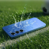 Tecno Spark 40 Pro in lake blue on grass with water splashing on the back