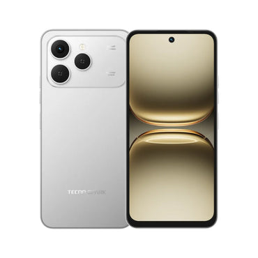 Tecno Spark 40 in Titanium Grey, back and front with a gold wallpaper