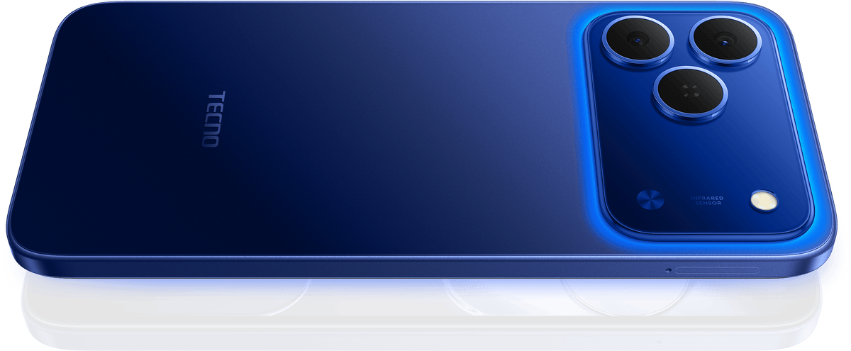 Tecno Spark 50 in halo blue, back view with the 50MP camera island
