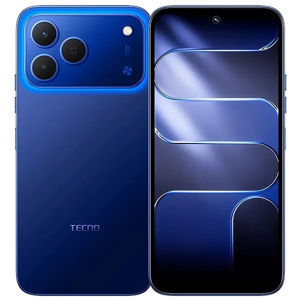 Tecno Spark 50 in halo blue, back and front with a blue wallpaper