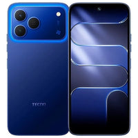 Tecno Spark 50 in halo blue, back and front with a blue wallpaper