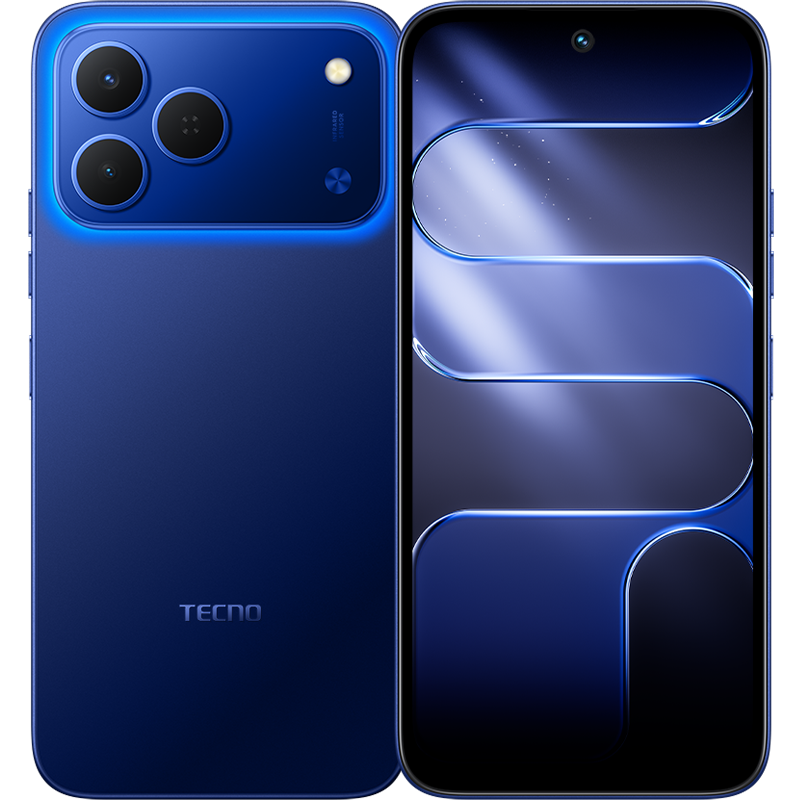 Tecno Spark 50 in halo blue, back and front view of the 6.78-inch screen