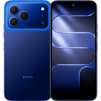 Tecno Spark 50 in halo blue, back and front view of the 6.78-inch screen