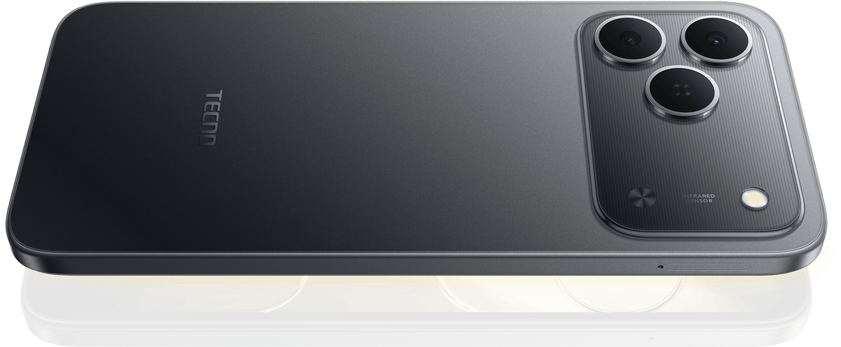 Tecno Spark 50 in ink black, back view with the triple-look camera module